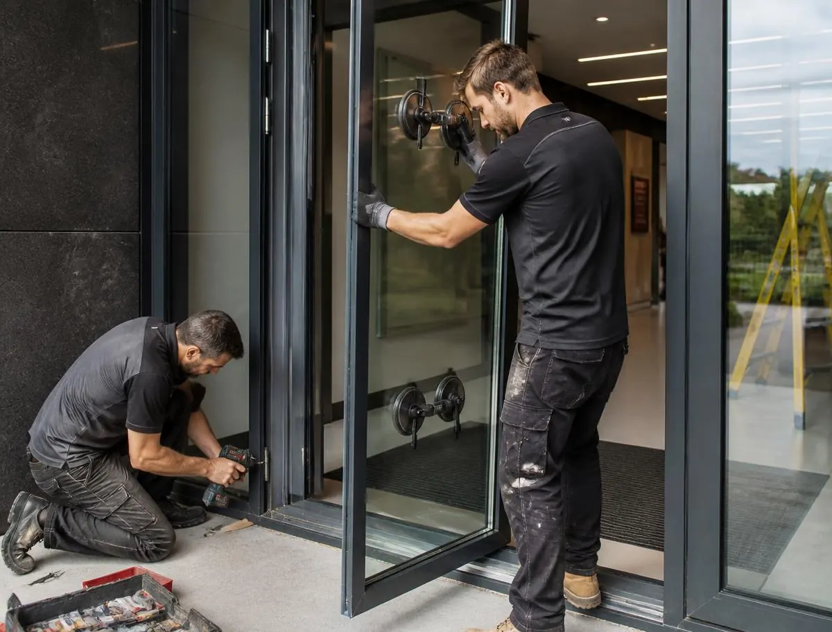 Two tradespeople installing a large commercial aluminium framed glass door at a modern office entrance