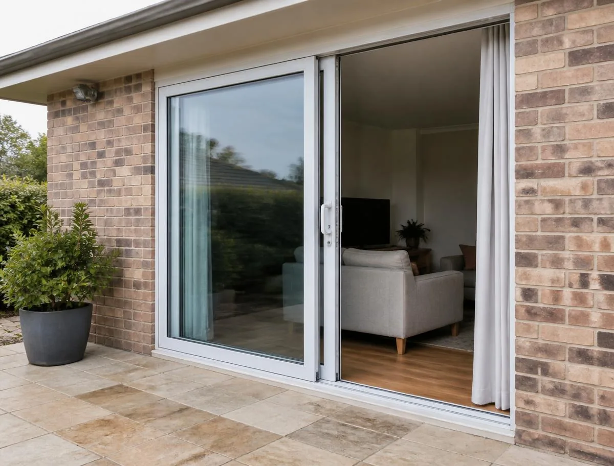 Aluminium sliding patio door in a Perth home, open onto a paved backyard