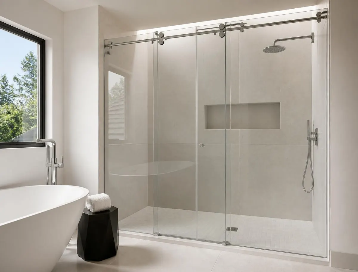 Modern frameless sliding glass shower screen with chrome rail and rollers in a contemporary bathroom