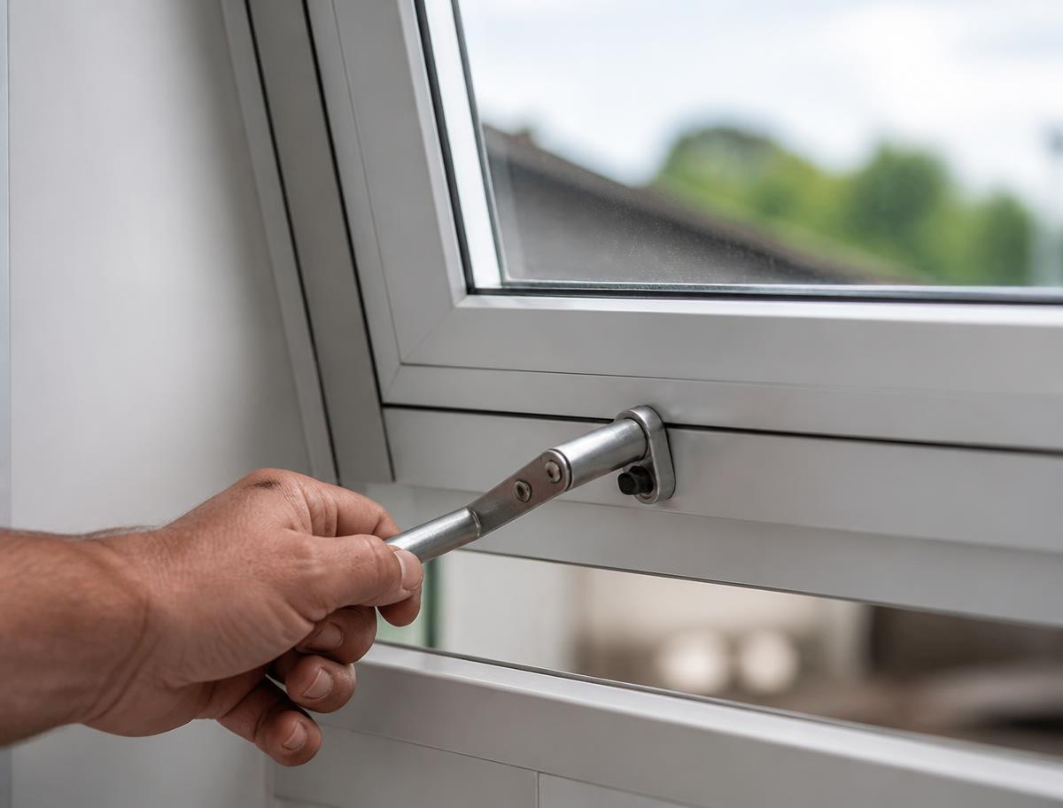 Hand adjusting the metal winder handle on an aluminium awning window